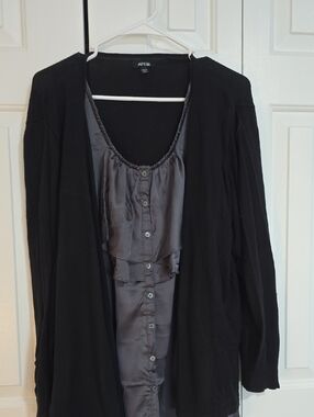 Apt. 9 Black Cardigan with Dark Gray Ruffled Shell